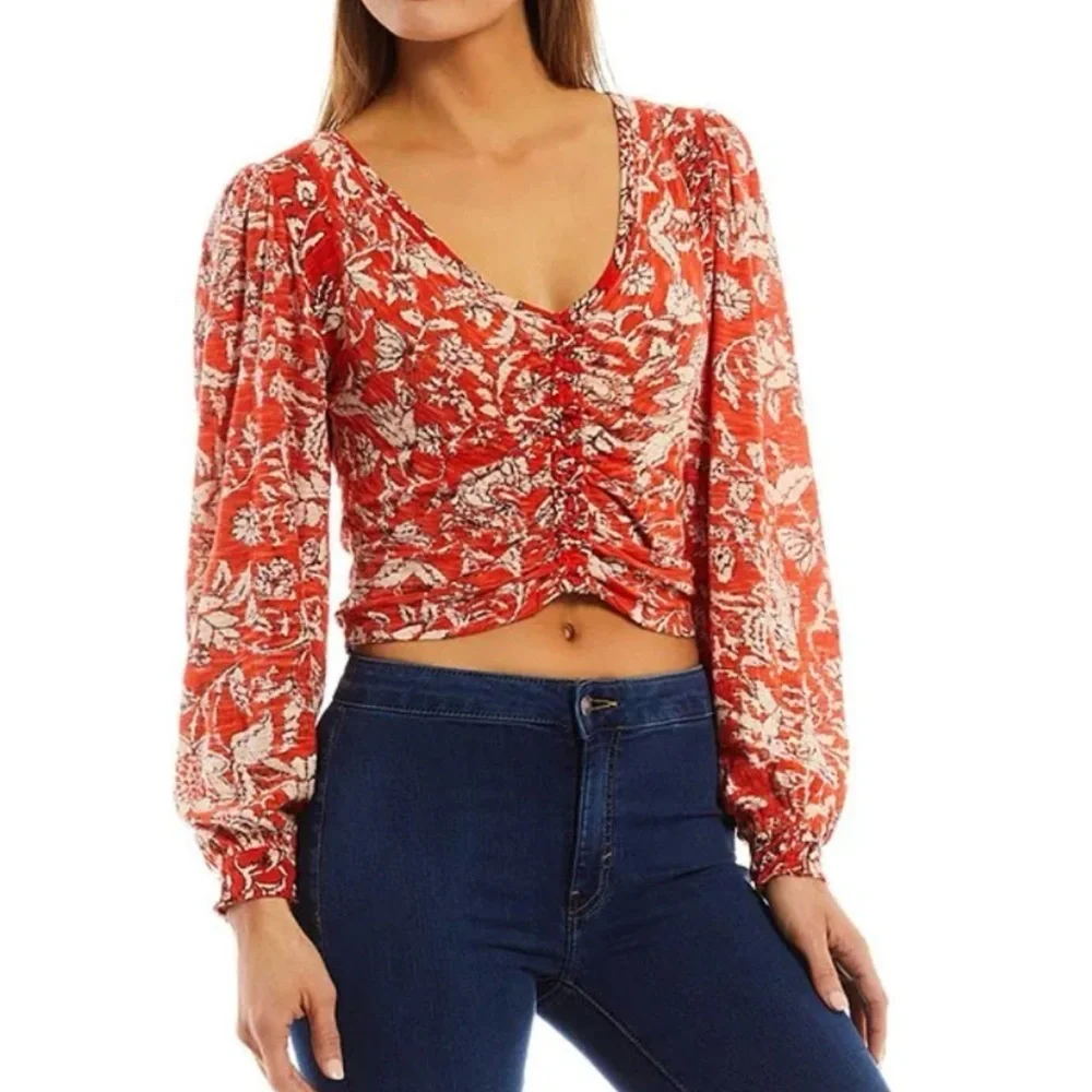 Free People “Say The Word” Long Sleeve Top | Red Combo | Size S